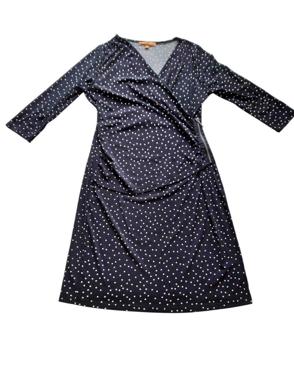 Ellen Tracy Black White Polka Dot Faux Wrap Dress M Side Zip Ruched Stretch - Picture 3 of 15
